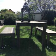 Gartenmöbel-Set, Gartentisch und 2 Holzbänke (Akazie) Gartenmöbel-Set, Gartentisch und 2 Holzbänke (Akazie)