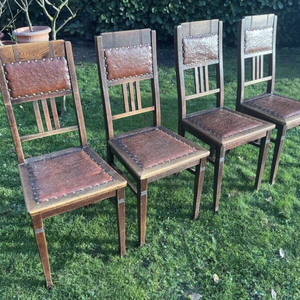 4 antike Stühle, Esszimmerstühle (Jugendstil, Holz/Leder, Antiquität)