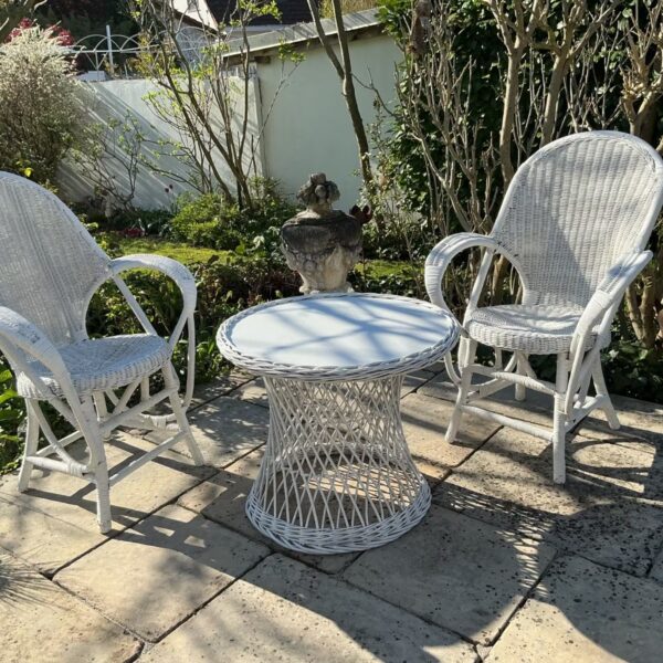 2 Sessel + Tisch, Rattanmöbel, Sitzgruppe, Balkonmöbel (Antiquität) 2 Sessel + Tisch, Rattanmöbel, Sitzgruppe, Balkonmöbel (Antiquität)